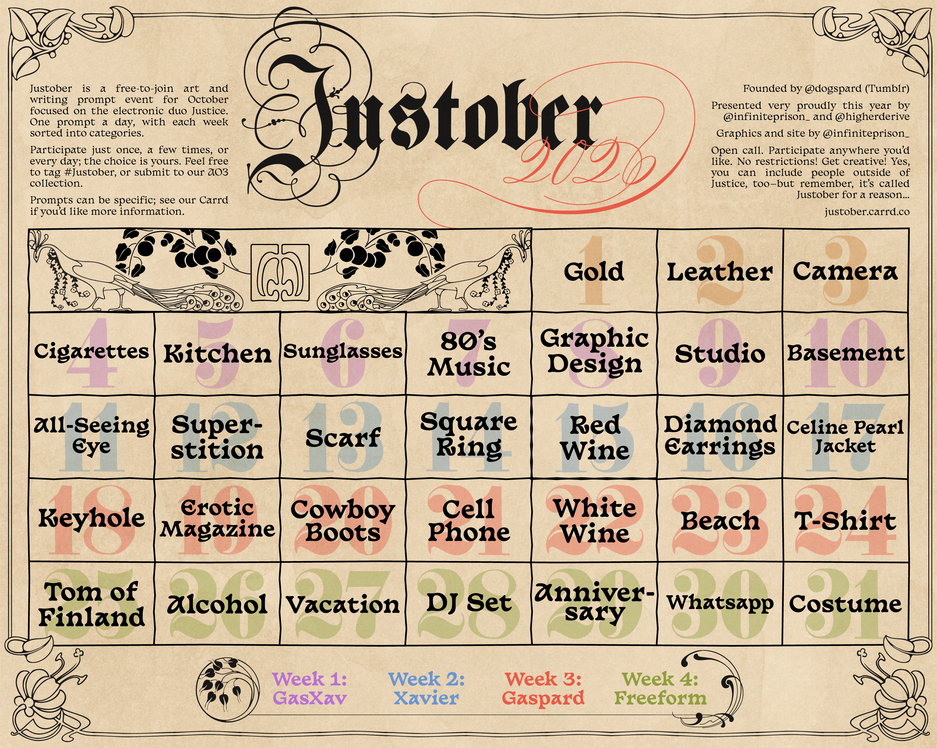 A visual calendar with each date of Justober. The full list is available for screen reader below.